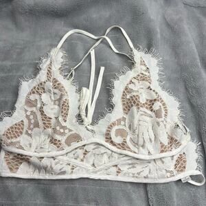 Promesa White and tan Eyelash lace bralette Bohemian Style M